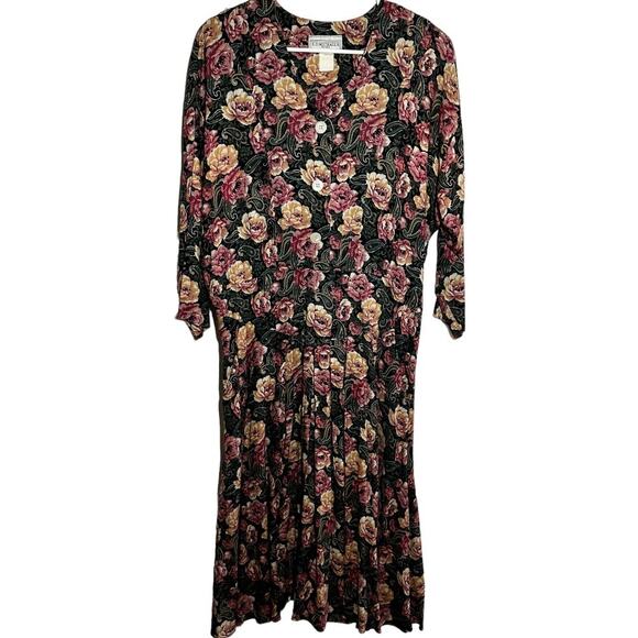 Vintage ED Michaels Midi Dress Shift 80s 3/4 Sleeves Pleated Floral Black 13-14P - Picture 1 of 5